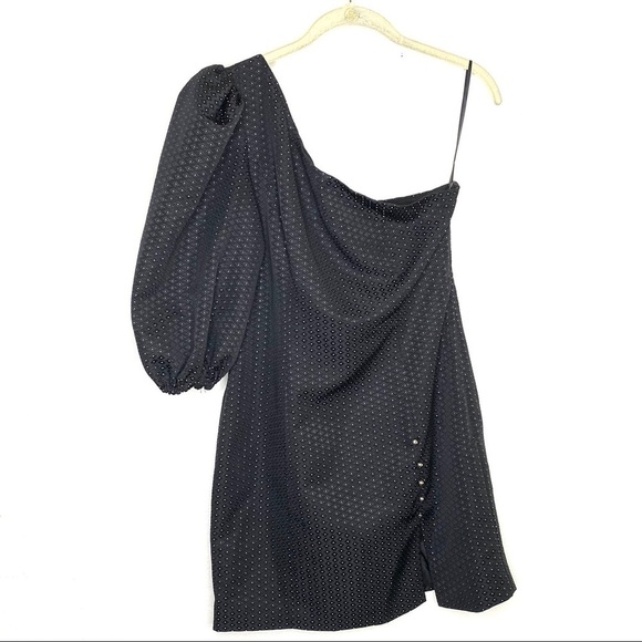 H:ours Revolve Elsa black puff sleeve one shoulder mini dress - Picture 2 of 7